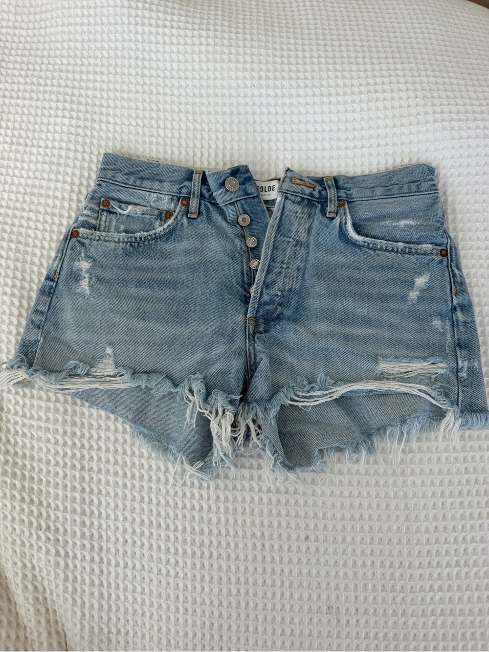Agolde Light Wash Distressed Denim Shorts